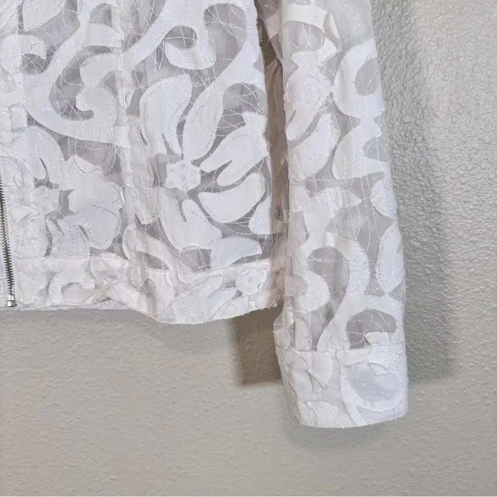 Coldwater Creek White Lace Sheer Full Zip Jacket Womens 12P Boho Coquette Girly